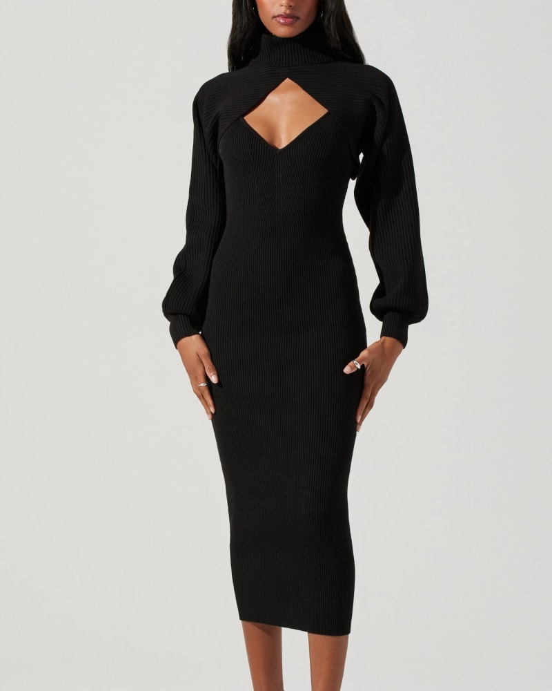 Front of a model wearing a size Large Jodie Sweater Dress In Black in Black by ASTR. | dia_product_style_image_id:345574